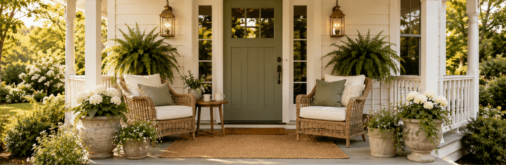 Cozy front porch with a sage green door, woven chairs, neutral cushions, lush greenery, warm lighting, and inviting outdoor decor.