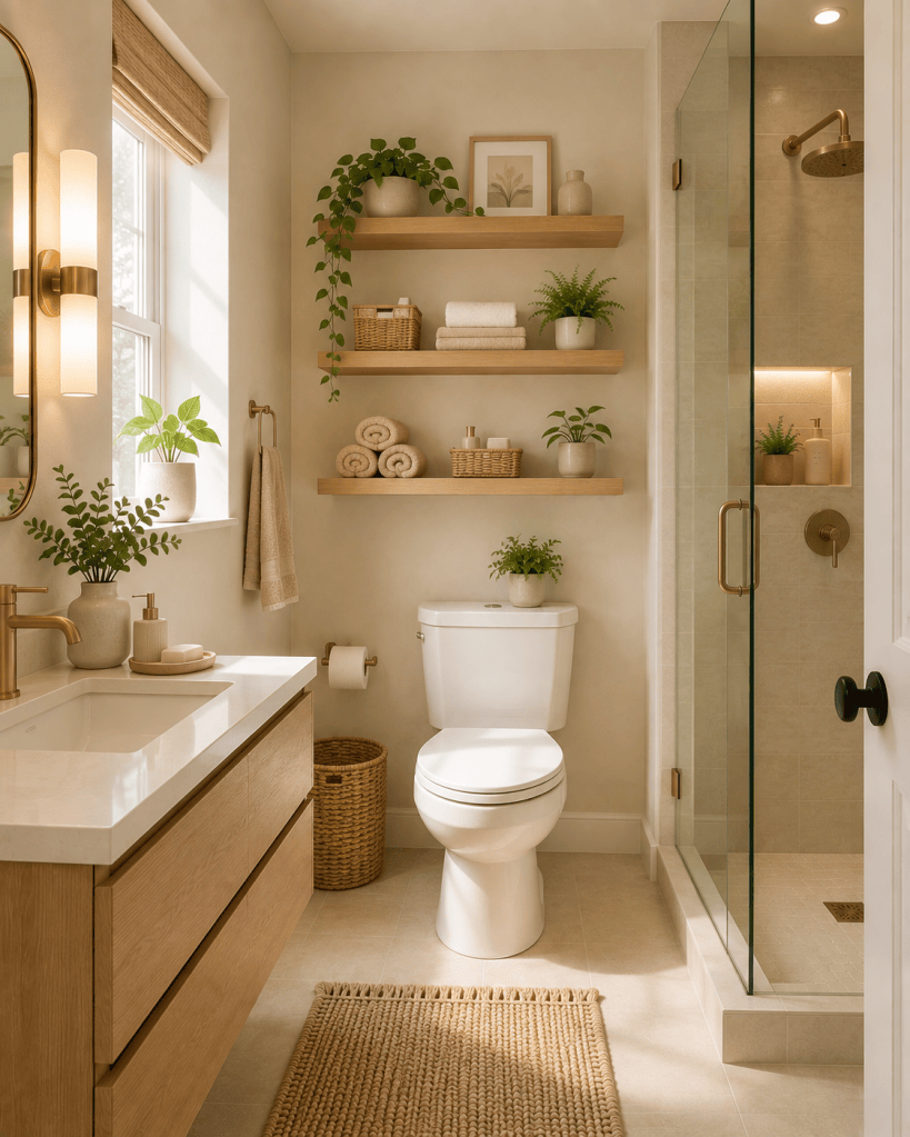 Small bathroom with three floating wooden shelves above the toilet holding towels, woven baskets, simple toiletries, and greenery in a bright neutral space.