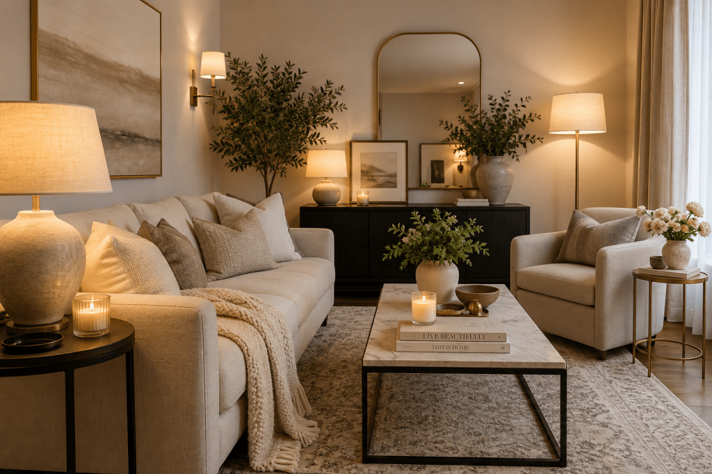 Elegant neutral living room with warm lighting, beige sofa and affordable luxury home decor