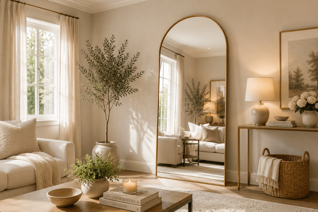 Bright neutral living room with a large arched mirror reflecting natural light and creating a spacious, luxurious feel.