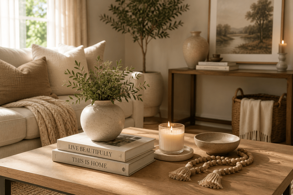 Elegant neutral living room with a styled coffee table, ceramic vase, books, candle and natural textures.