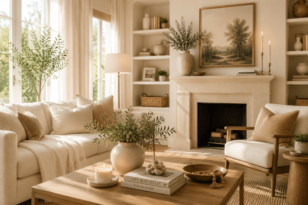 Bright elegant neutral living room with cream furniture, warm wood, greenery and soft natural sunlight.
