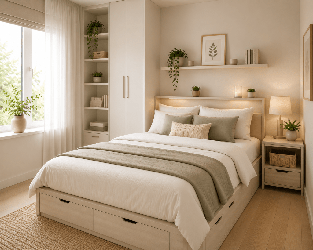 “Bright small bedroom with a light neutral color palette, cream bedding, soft green accents, natural wood furniture, built-in storage, and warm lighting.”