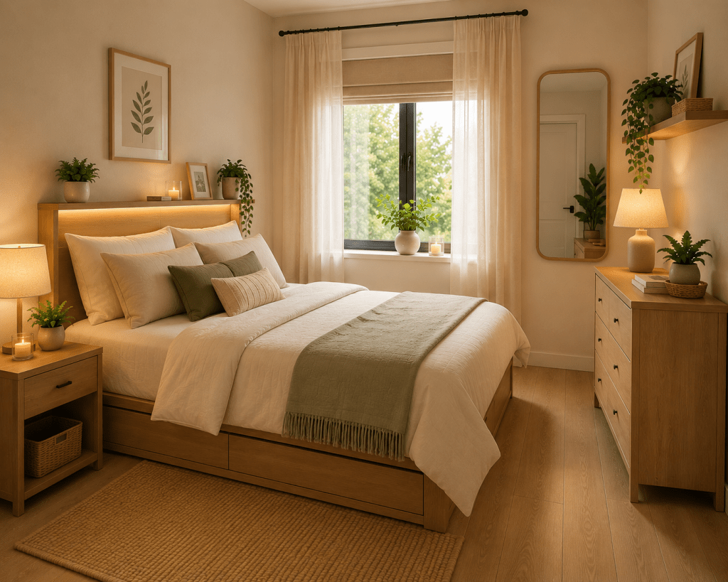 “Cozy small bedroom with space-saving wooden furniture, neutral bedding, soft green accents, natural light, and warm lighting.”