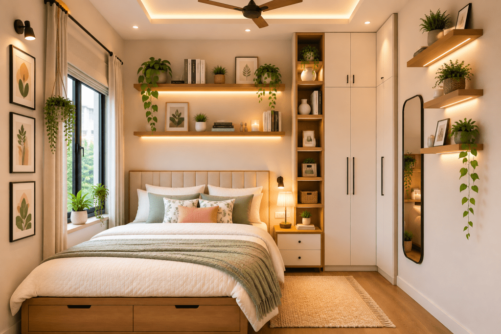 “Bright small bedroom using vertical space with floating wooden shelves, tall built-in storage, warm lighting, greenery, and neutral décor.”