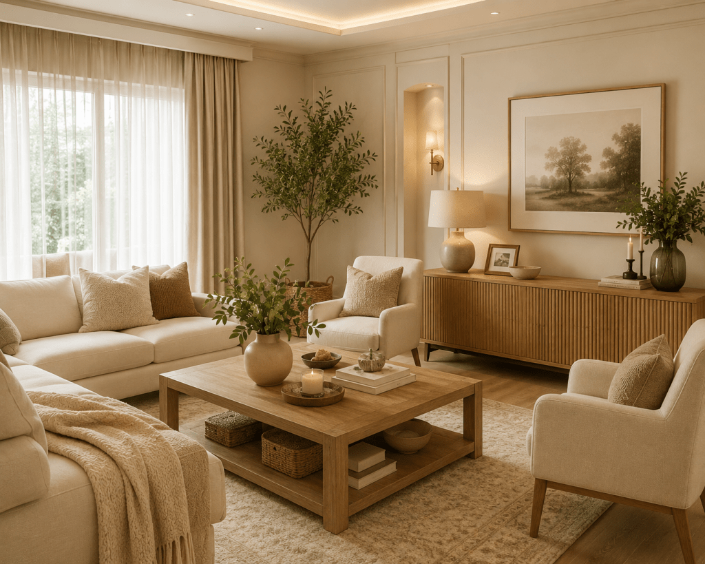 Elegant neutral living room with cream furniture, warm wood accents, soft lighting, greenery, and layered textures.
