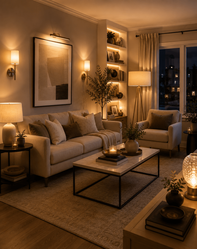 Elegant living room with layered warm lighting, table lamps, floor lamp, wall sconces, neutral furniture, and cozy evening décor.