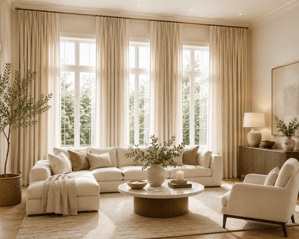 Bright elegant living room with tall floor-length curtains, large windows, neutral furniture, and natural daylight.