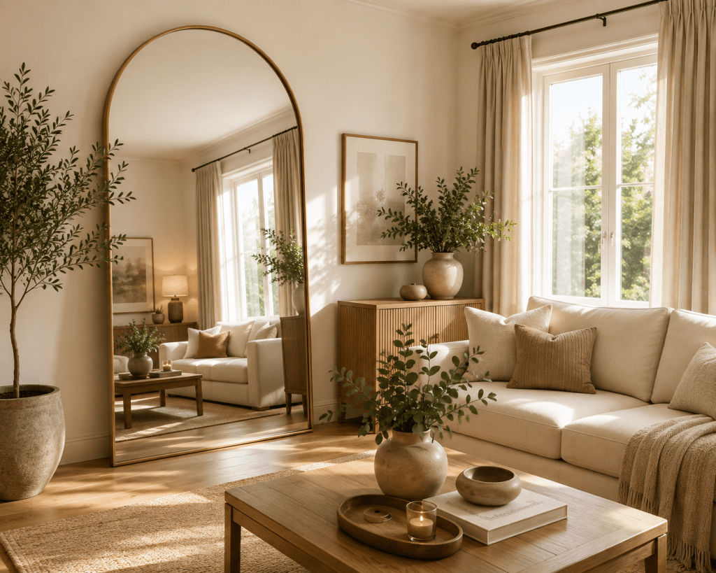 Elegant living room with a large arched mirror reflecting natural light, cream sofa, warm wood furniture, and neutral décor.