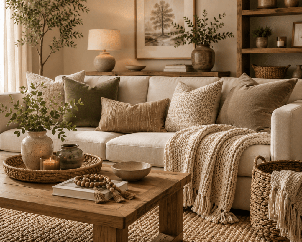 Cozy neutral living room with layered cushions, chunky knit throw, natural wood, woven baskets, ceramics, and textured décor.
