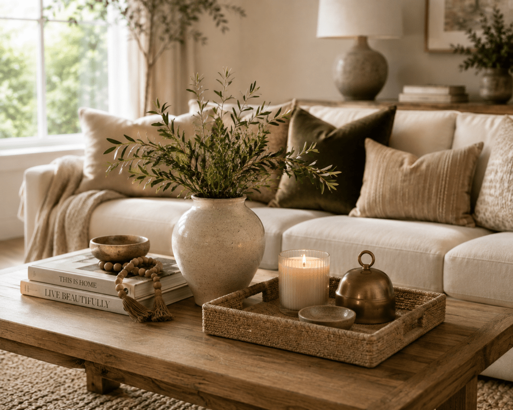 Styled wooden coffee table with stacked books, ceramic vase, fresh greenery, candle, woven tray, and elegant neutral living room décor.