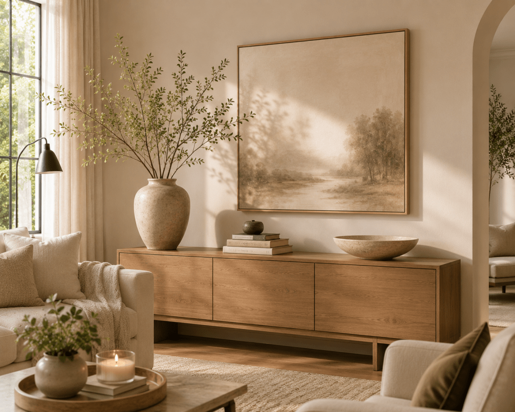 Elegant living room console styled with oversized artwork, a large ceramic vase with greenery, decorative bowl, books, and minimal neutral décor.