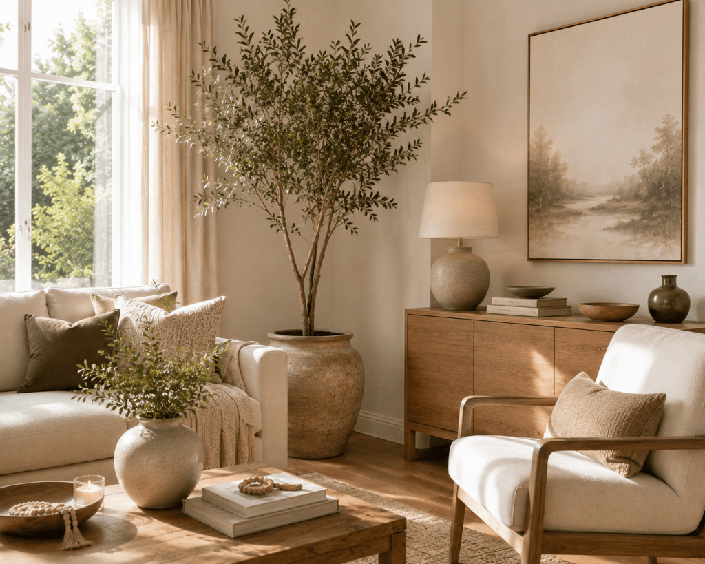 Bright elegant living room with a tall indoor olive tree, fresh greenery, cream furniture, natural wood accents, and warm sunlight.