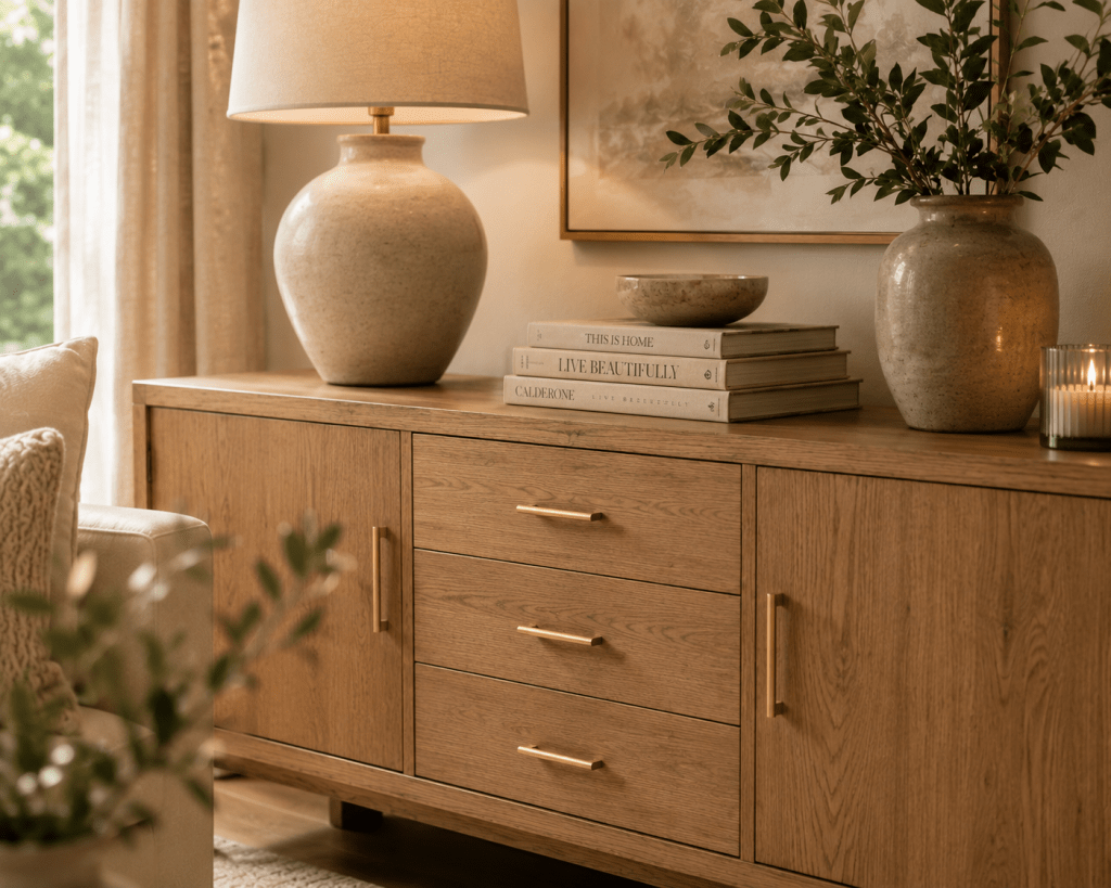 Wooden living room console with elegant brass handles, ceramic décor, stacked books, greenery, and warm natural light.