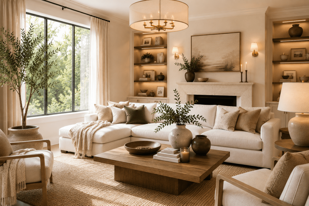 Elegant living room with cream furniture, warm wood accents, layered lighting, greenery, and sophisticated neutral décor.