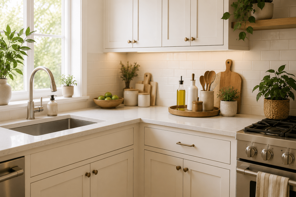 Bright organized kitchen with clear countertops, white cabinets, wooden accents, everyday essentials on a tray, and natural greenery.