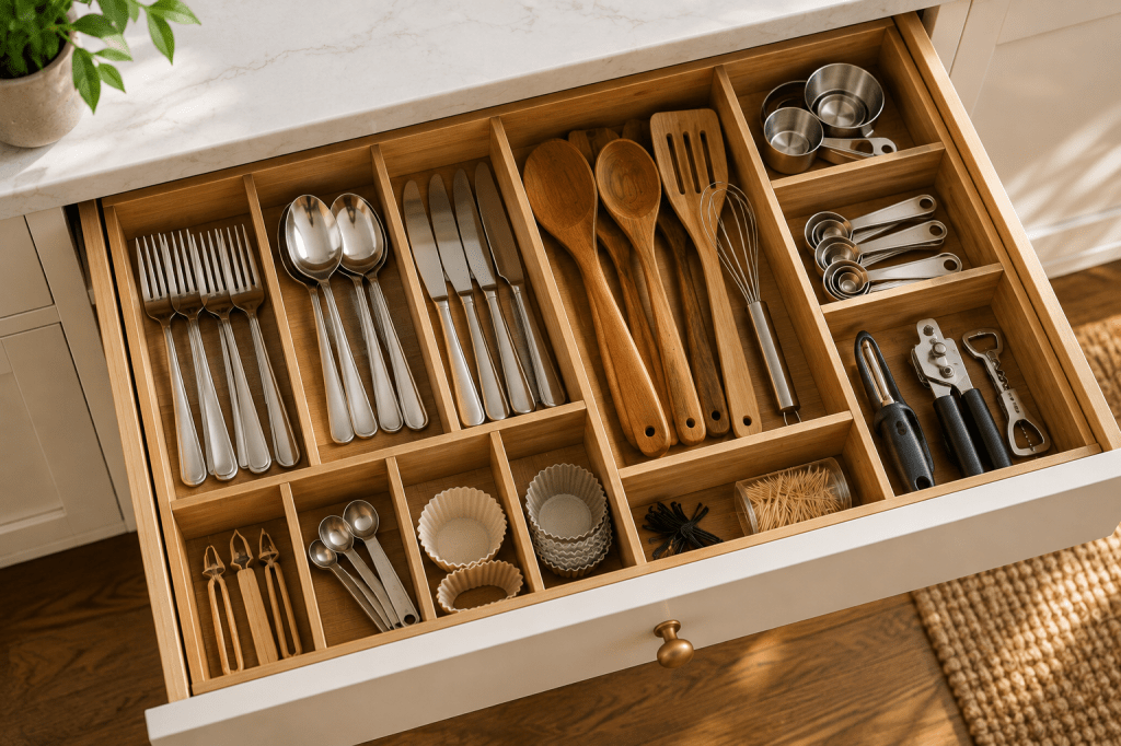 Organized kitchen drawer with wooden dividers separating cutlery, cooking utensils, measuring spoons, and everyday kitchen tools.