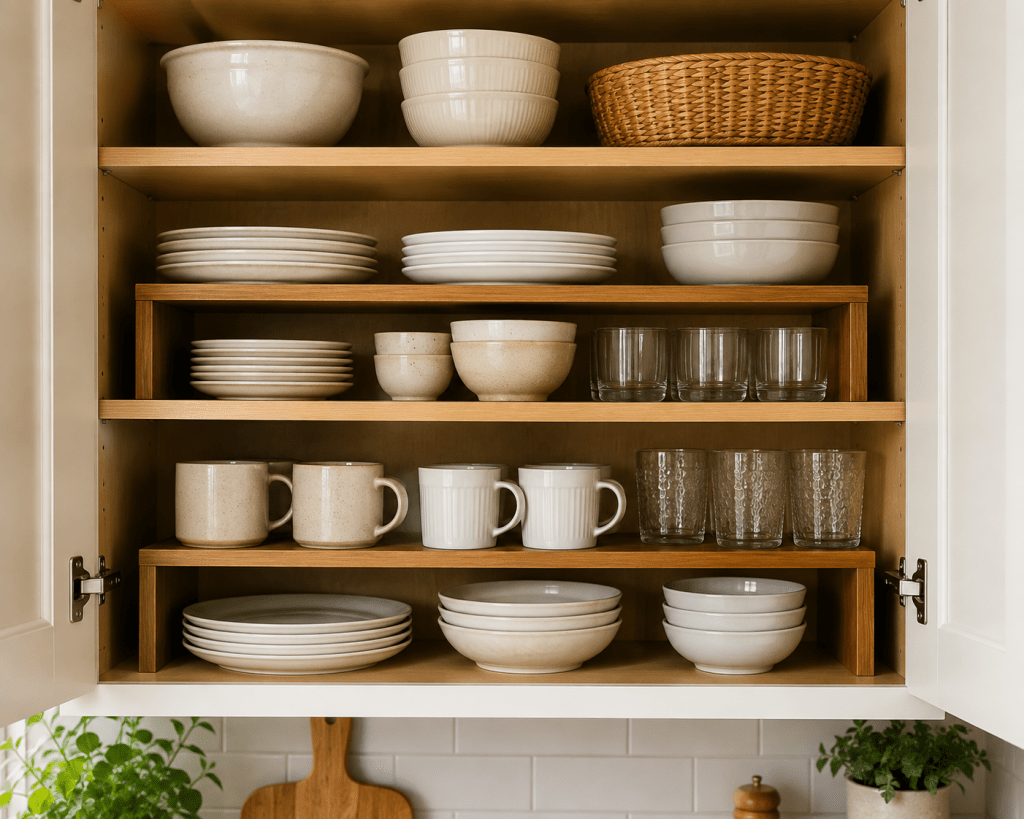 Organized kitchen cabinet with wooden shelf risers neatly storing plates, bowls, mugs, and drinking glasses.