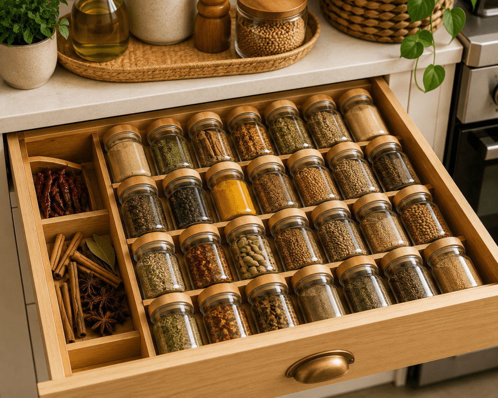 Organized kitchen spice drawer with matching glass jars, wooden dividers, and neatly arranged herbs and spices.