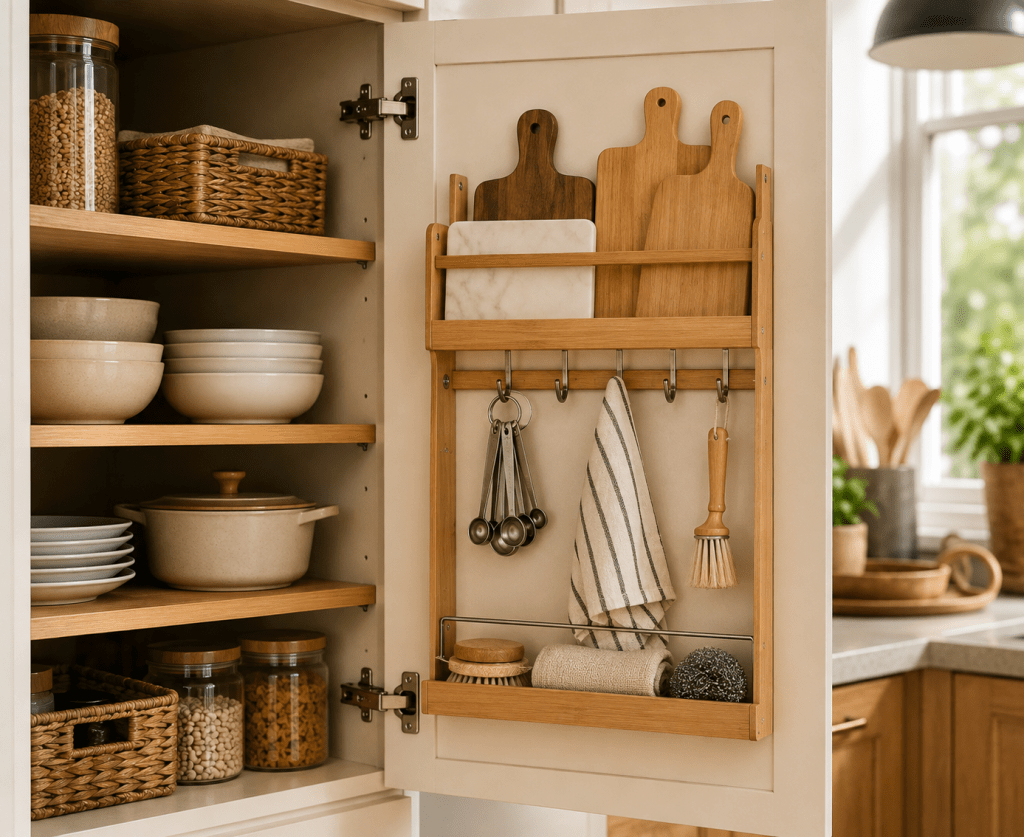 Open kitchen cabinet with an inside-door organizer holding cutting boards, measuring spoons, kitchen towels, and small essentials.