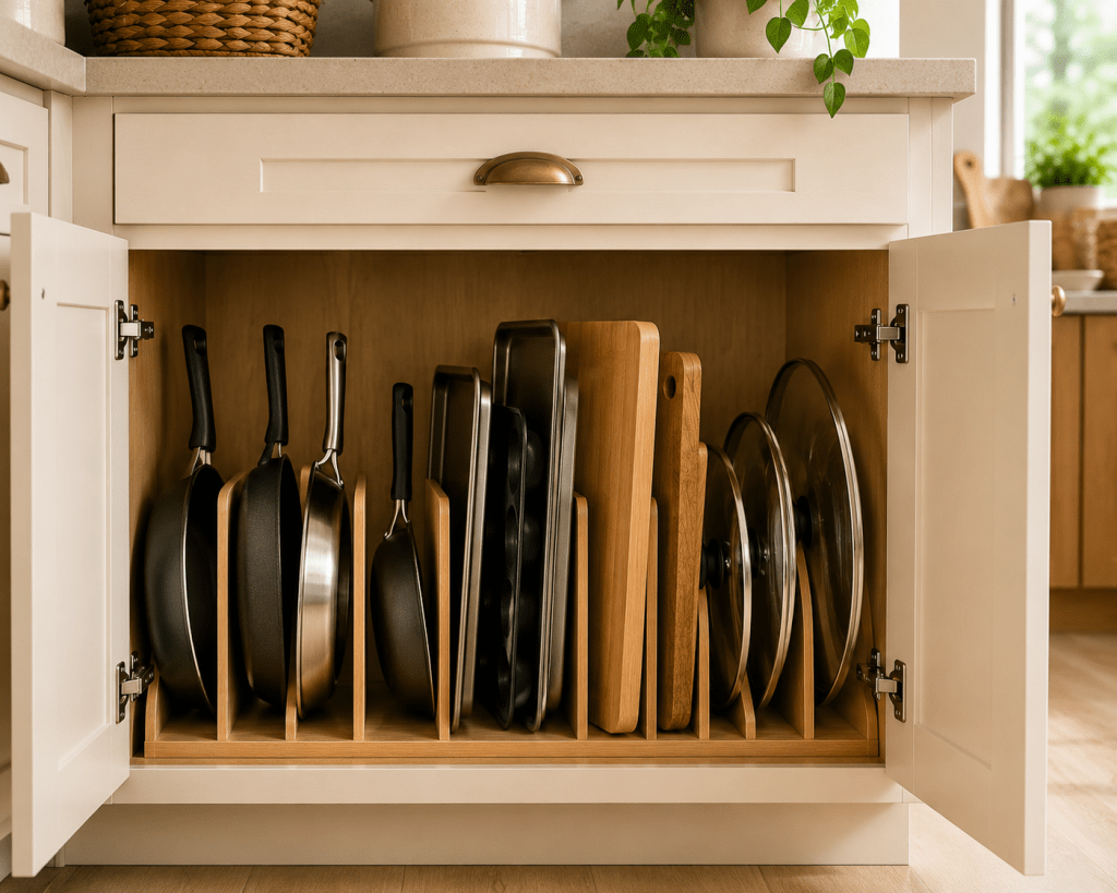 Organized lower kitchen cabinet with vertical dividers storing frying pans, baking trays, cutting boards, and pot lids.