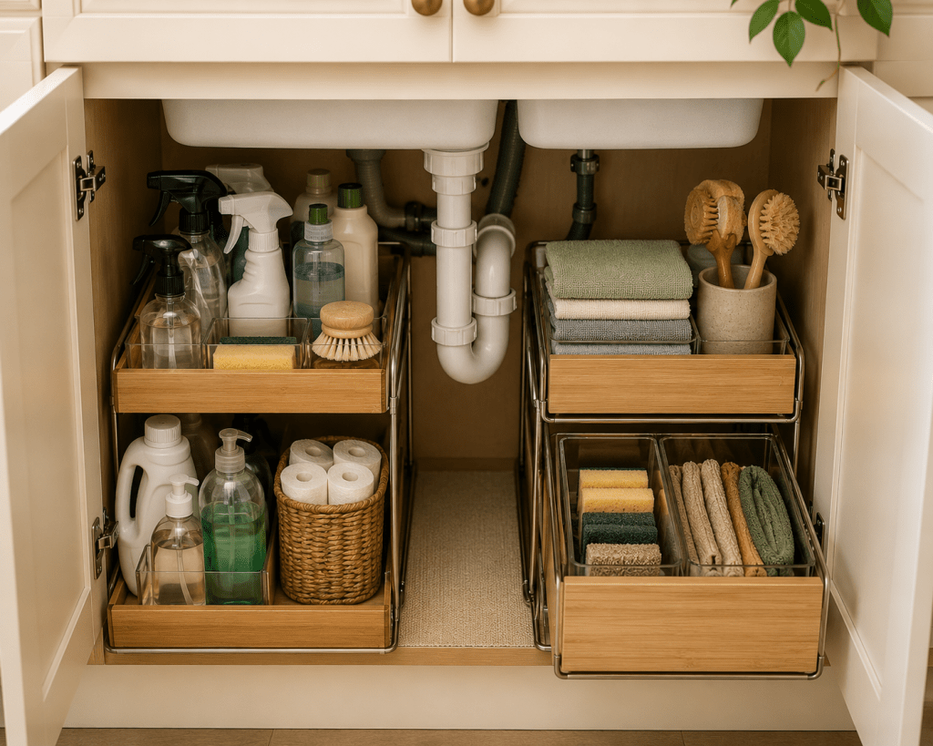Organized under-sink kitchen cabinet with pull-out storage for cleaning sprays, sponges, brushes, cloths, and household supplies.