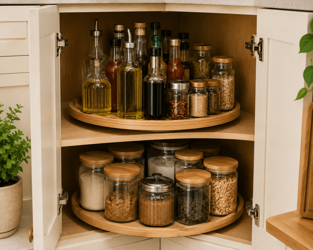 Organized corner kitchen cabinet with wooden turntables holding cooking oils, sauces, spices, jars, and pantry essentials.