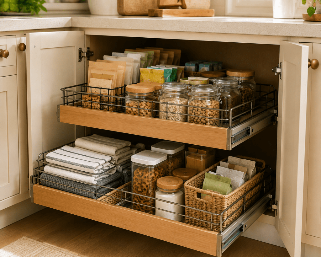 Deep kitchen cabinet with pull-out baskets neatly organizing pantry foods, jars, snacks, and folded kitchen linens.