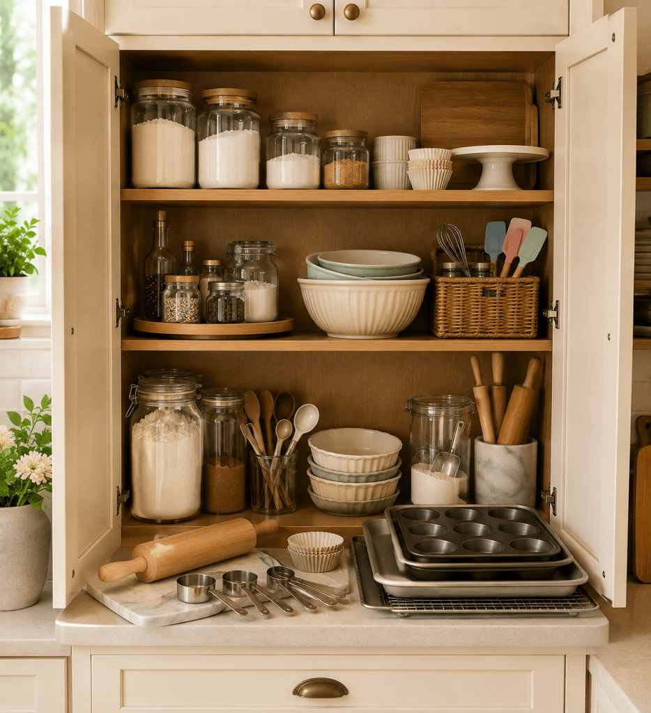 Organized baking cabinet with flour and sugar jars, mixing bowls, measuring cups, rolling pins, baking trays, and baking essentials.