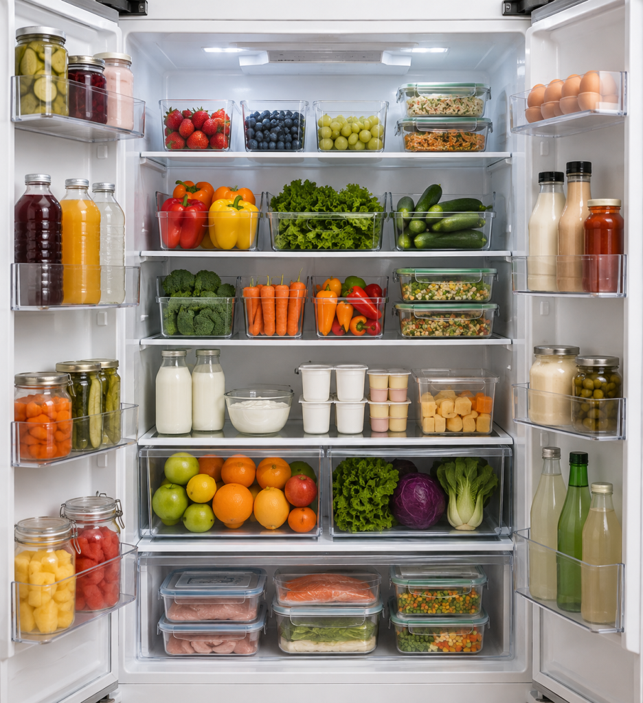 Organized refrigerator with clear storage bins for fresh fruits, vegetables, dairy, drinks, eggs, and meal-prep containers.