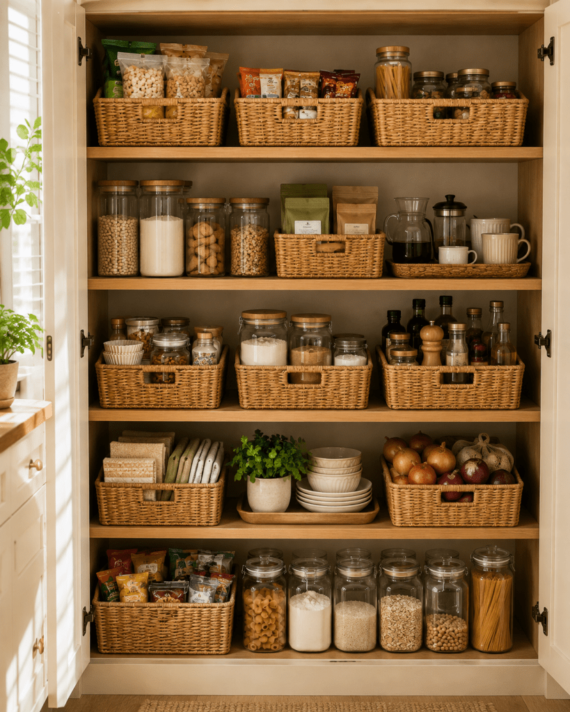 Organized kitchen pantry with woven baskets grouping snacks, pantry staples, baking supplies, kitchen linens, and everyday essentials
