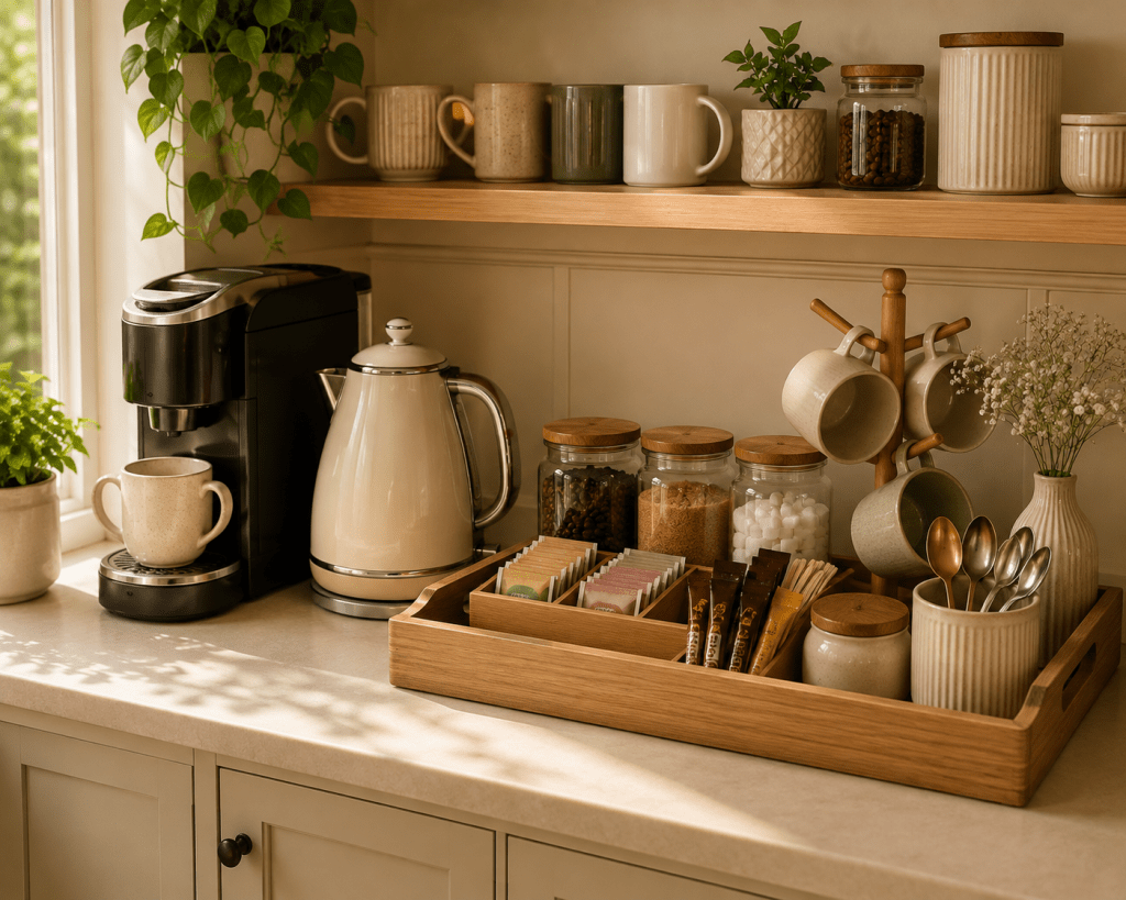 Organized kitchen coffee and tea station with coffee maker, kettle, mugs, glass jars, tea supplies, and a wooden organizer tray.