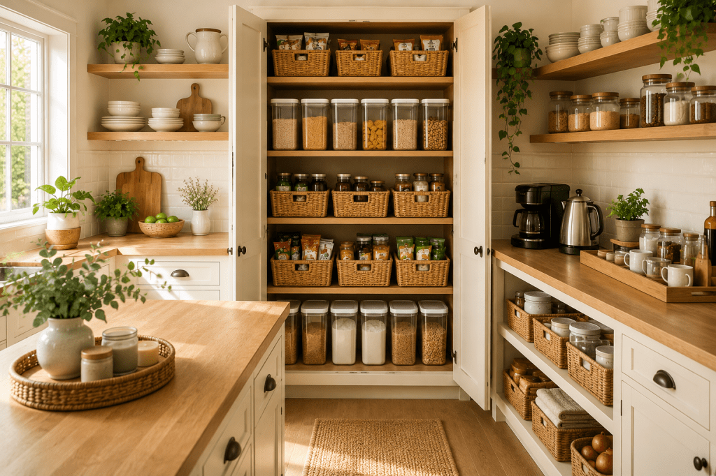 Bright organized kitchen with tidy pantry shelves, clear storage containers, woven baskets, cream cabinets, and warm wood accents.