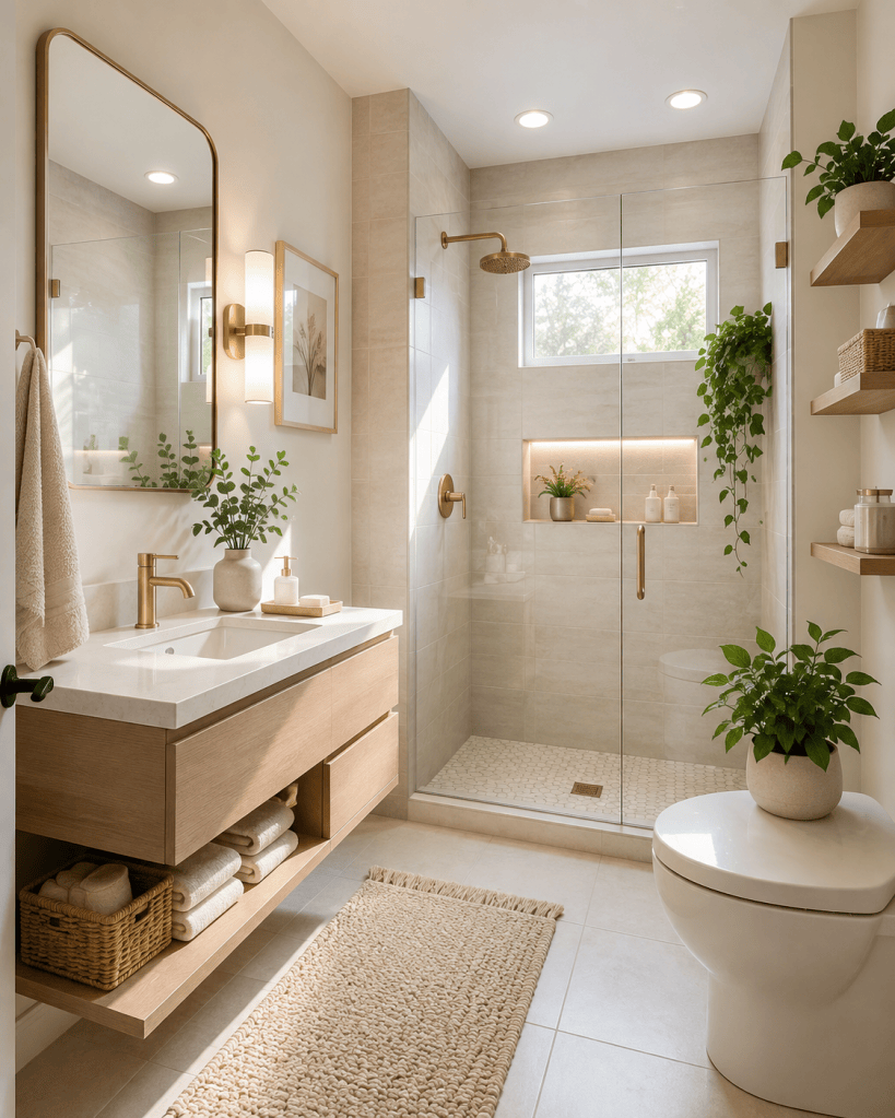 Bright small bathroom with light neutral tiles, floating wood vanity, large mirror, frameless glass shower, greenery, and natural daylight.