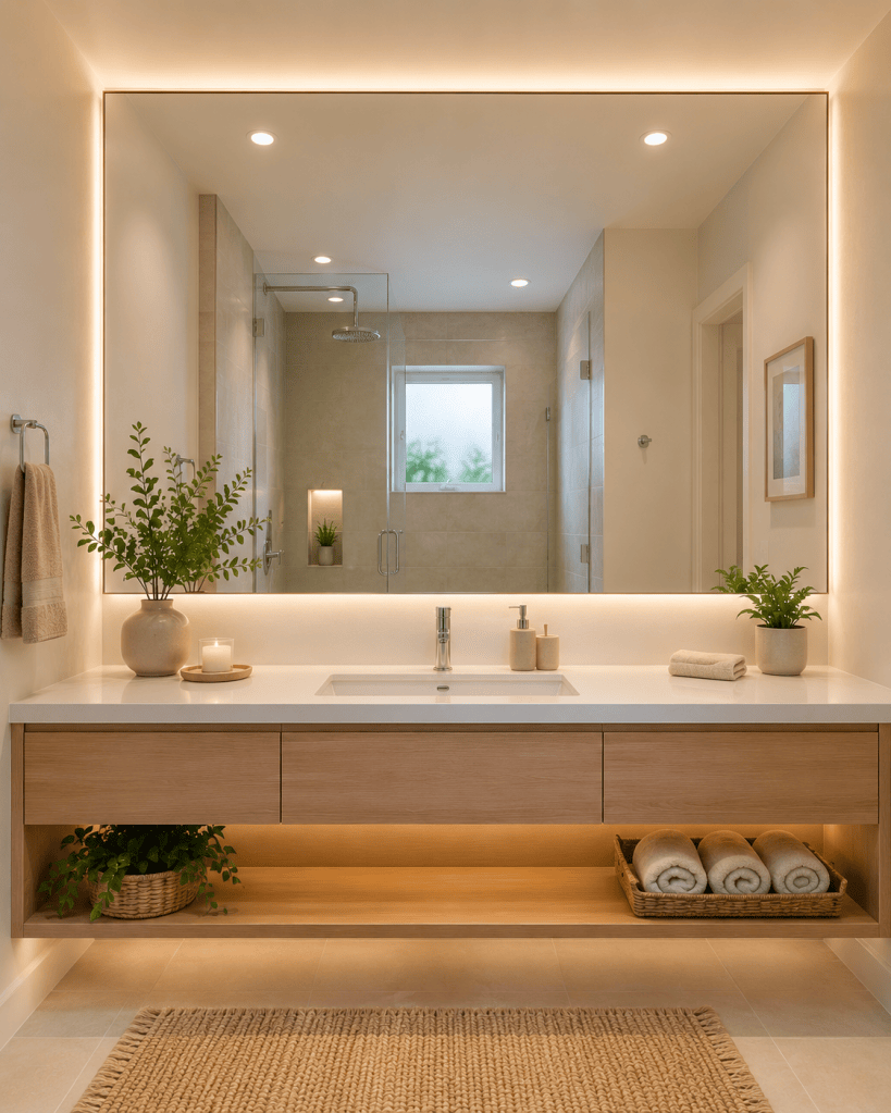 Small modern bathroom with an oversized illuminated mirror above a floating wood vanity, reflecting a bright glass shower and natural light.