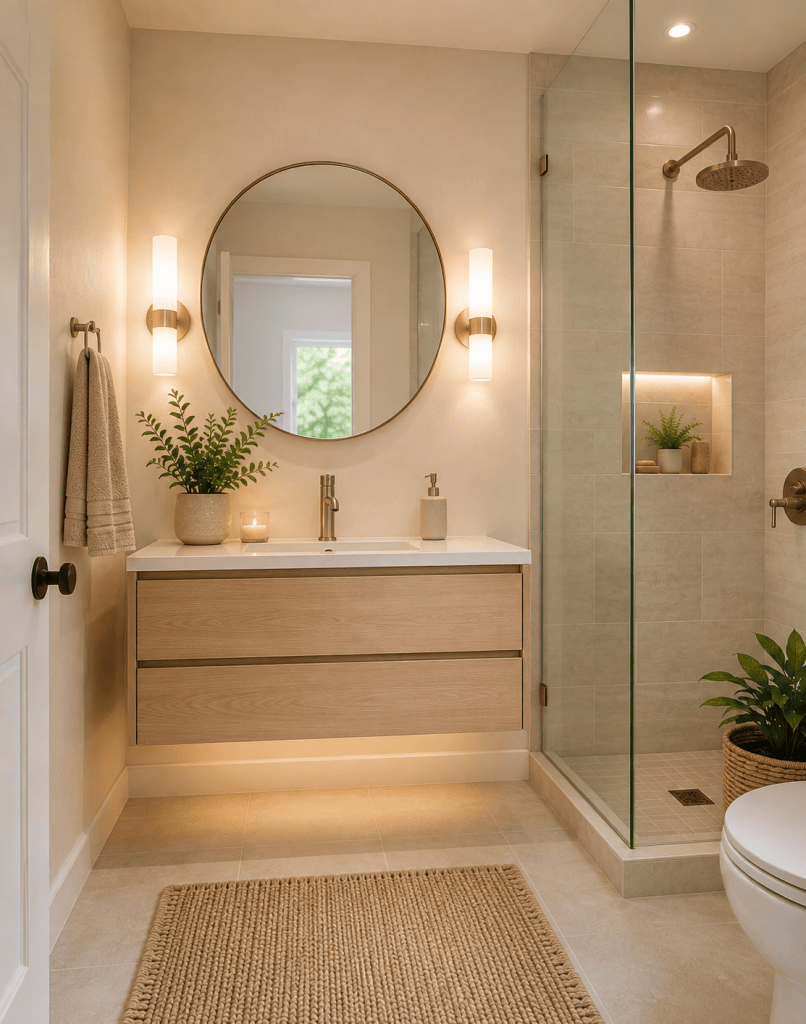 Small modern bathroom with a light wood floating vanity, round mirror, frameless glass shower, neutral tiles, and open floor space underneath.