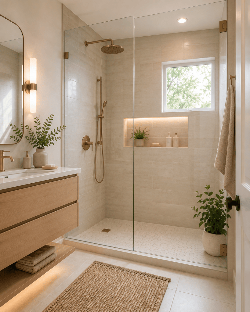 Small bright bathroom with a frameless glass walk-in shower, light neutral tiles, rainfall shower, floating wood vanity, and natural daylight.