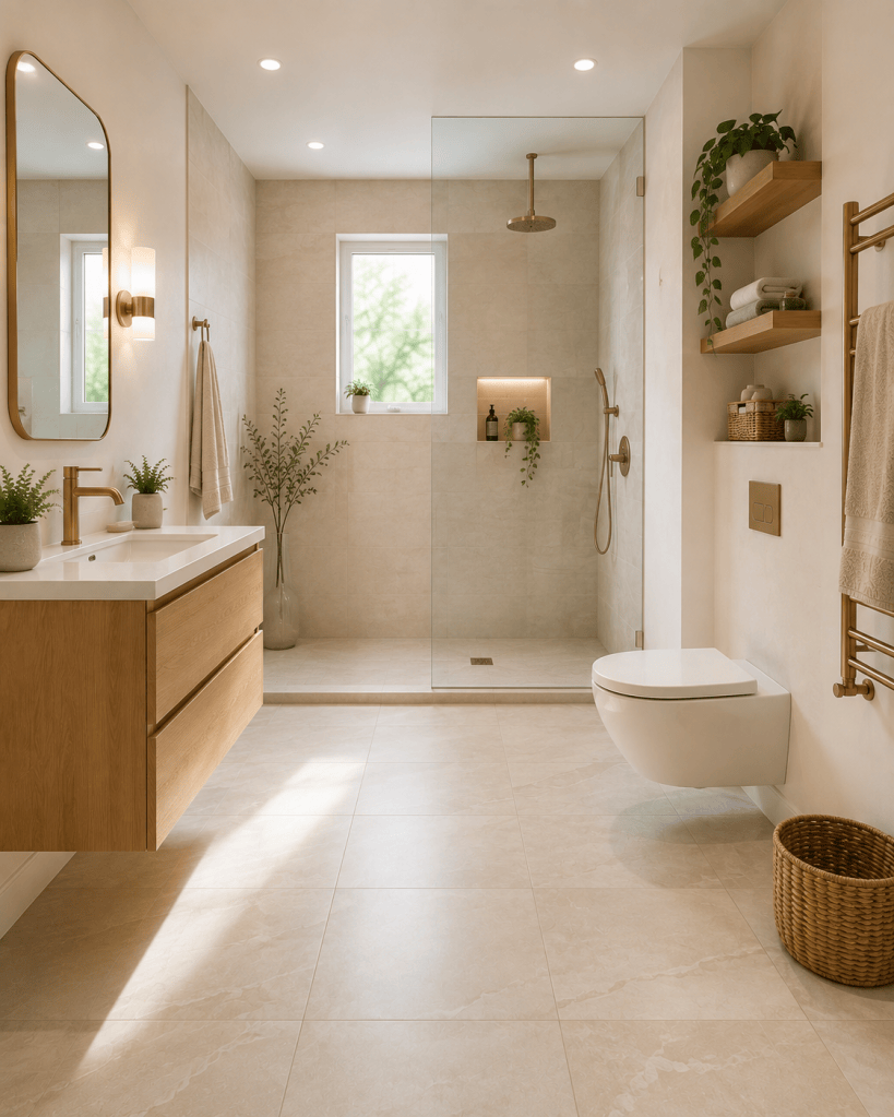 Bright small bathroom with visible open flooring, floating wood vanity, wall-mounted toilet, frameless glass shower, and light neutral finishes.