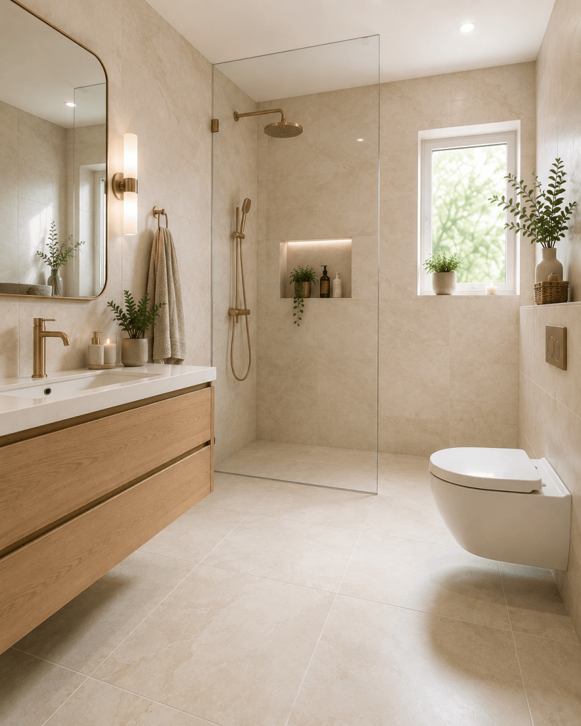 Small modern bathroom with large-format light beige tiles, minimal grout lines, floating wood vanity, frameless glass shower, and bright natural light.