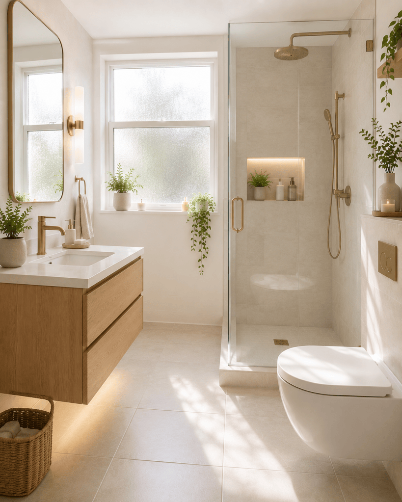 Bright small bathroom filled with natural light from a large frosted window, with a floating wood vanity, mirror, frameless shower, and light neutral finishes.