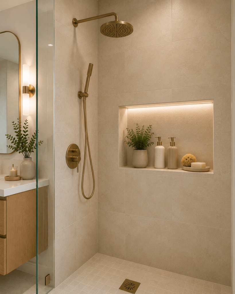 Small bathroom shower with a recessed illuminated wall niche, neutral toiletries, light beige tiles, frameless glass, and elegant brass fixtures.