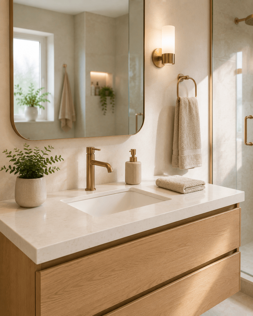 Clutter-free floating bathroom vanity with a light wood finish, large mirror, brass faucet, small plant, soap dispenser, and neatly folded hand towel.
