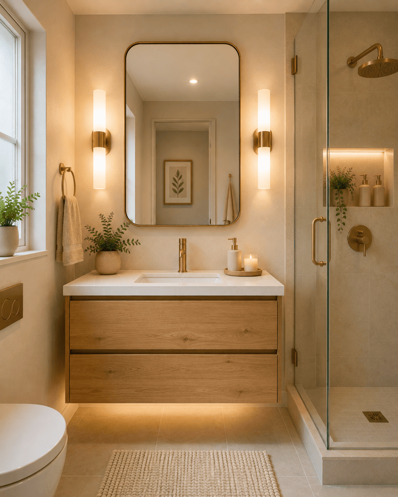 Small modern bathroom with two vertical wall sconces beside a large mirror, floating wood vanity, warm brass fixtures, and soft ambient lighting.