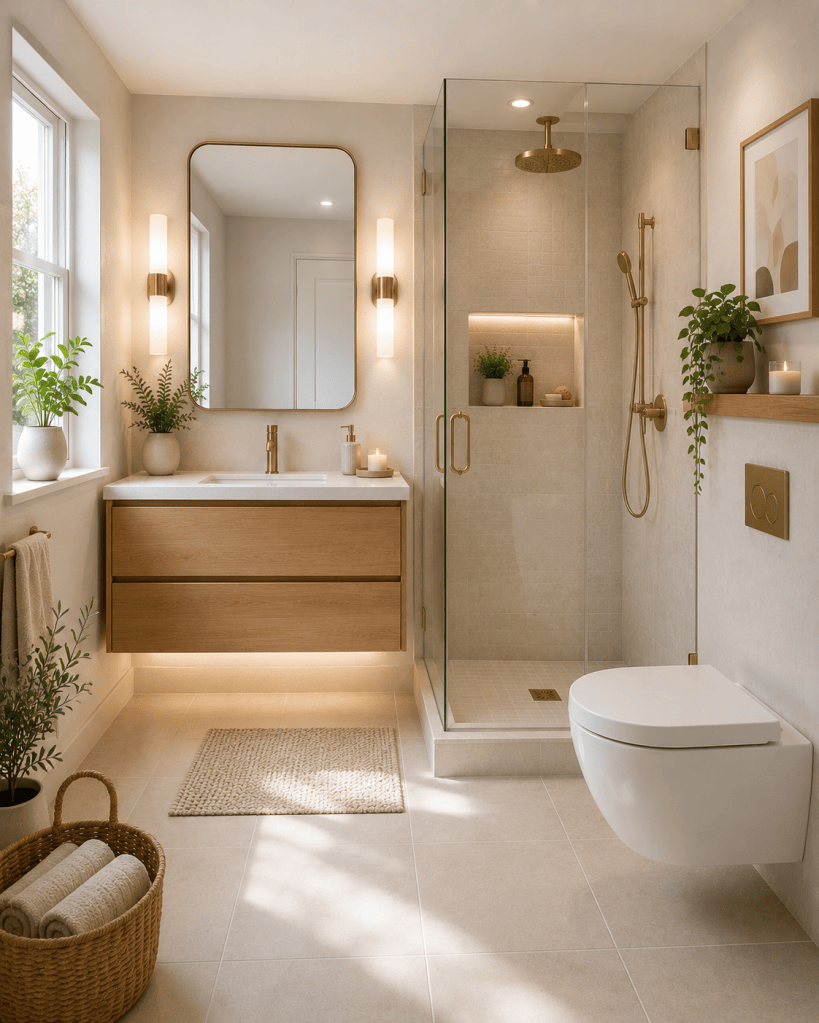 Bright small bathroom with a floating wood vanity, large mirror, frameless glass shower, wall-mounted toilet, minimal décor, greenery, and natural daylight.