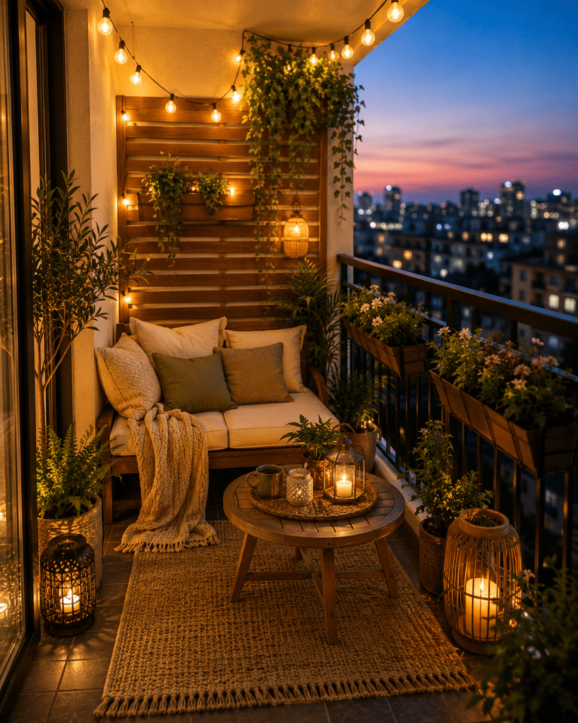 Cozy small apartment balcony at dusk with warm string lights, compact cushioned seating, knitted throw, lanterns, outdoor rug, greenery, privacy screen, and city lights.