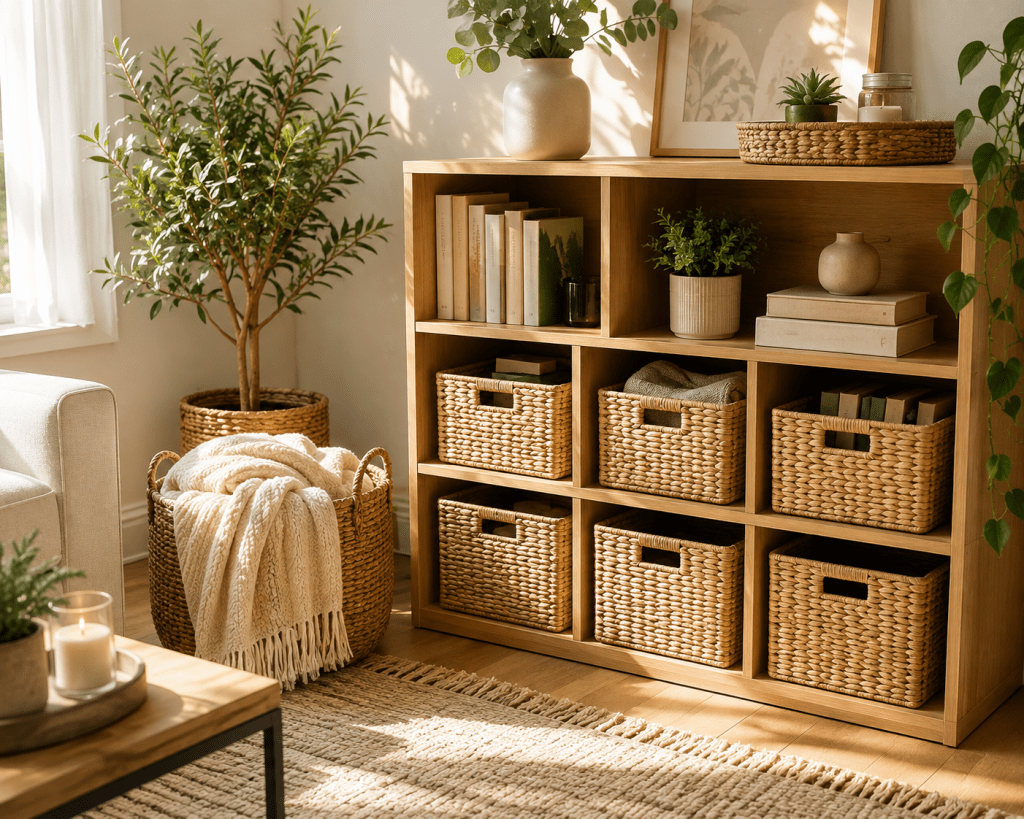 Bright organized living room with a wooden shelving unit, matching woven storage baskets, books, greenery, neutral decor, and a large basket holding a cream blanket.