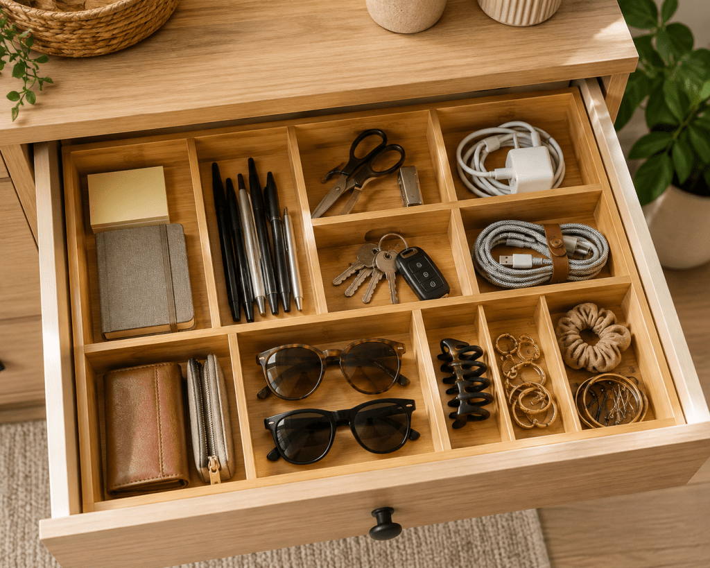 Organized wooden drawer with bamboo dividers separating stationery, charging cables, keys, sunglasses, accessories, and other small everyday items.