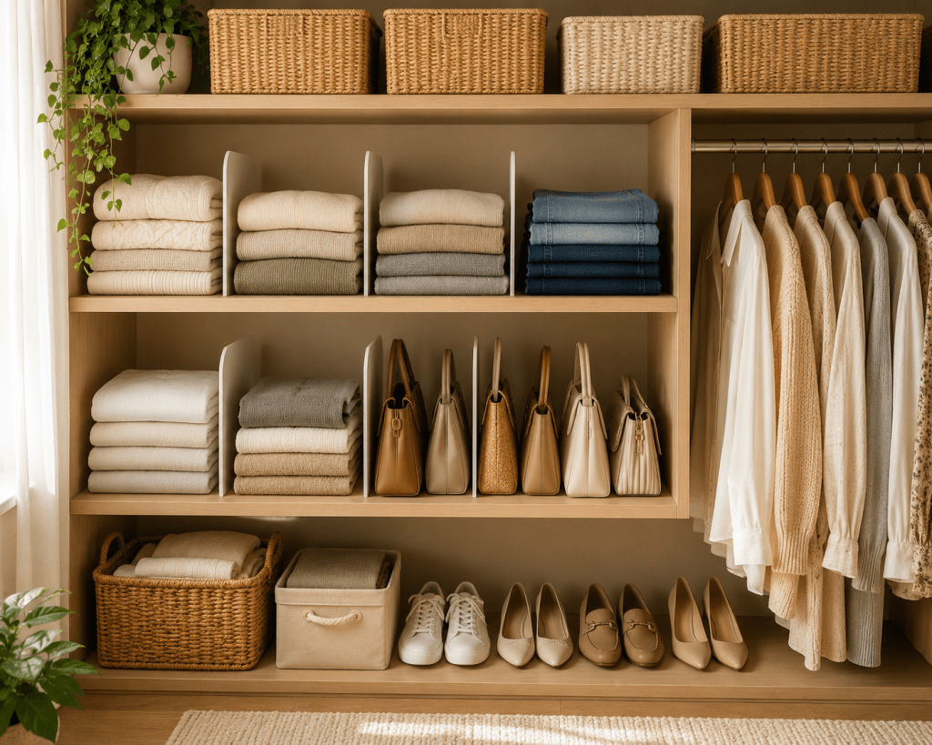 Organized bedroom closet with shelf dividers separating folded sweaters, jeans and handbags, woven storage baskets, neutral hanging clothes, and neatly arranged shoes.