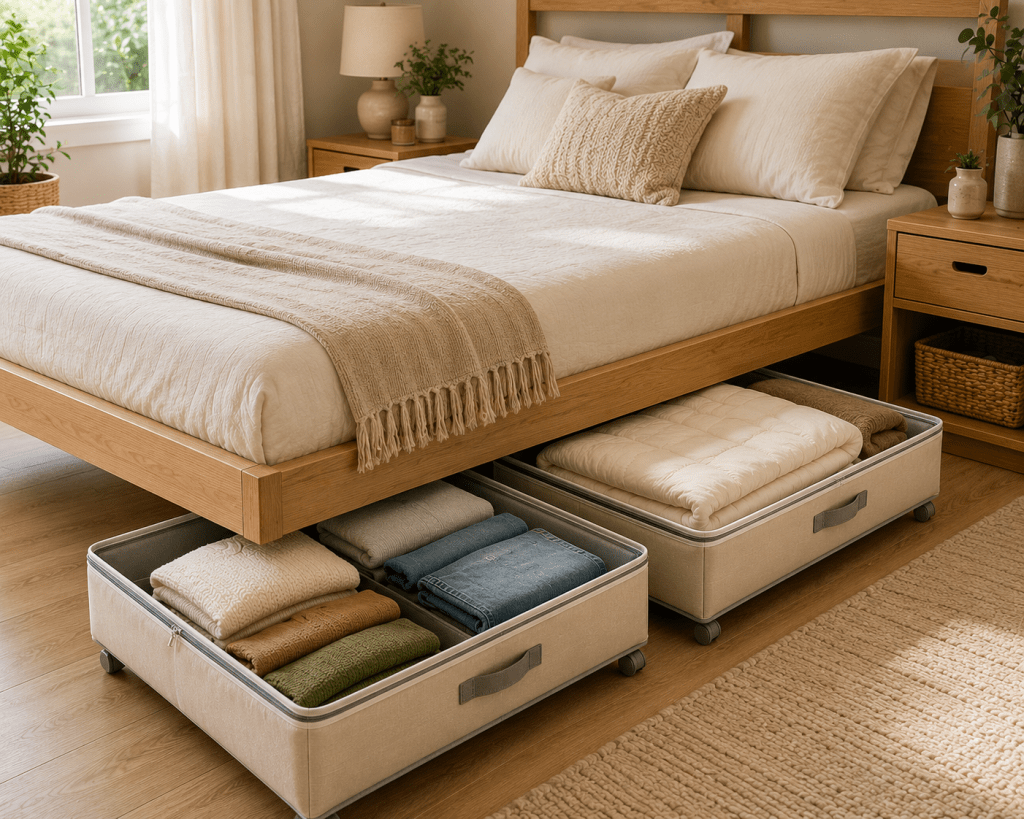 Bright organized bedroom with rolling under-bed storage containers holding neatly folded clothes, spare bedding and blankets beneath a light wooden bed.