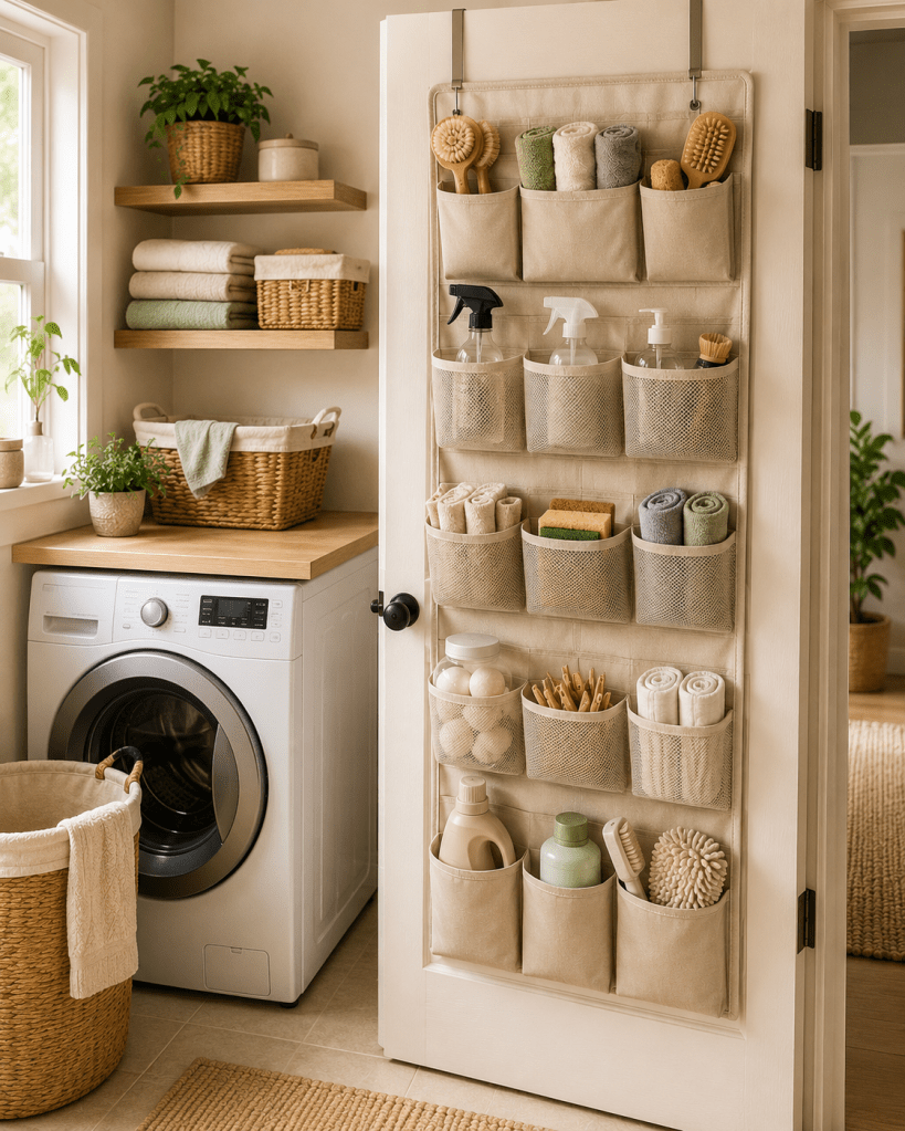 The back of a door is often completely unused, but it can provide valuable vertical storage without taking up any floor space.

An over-the-door organizer works especially well in bedrooms, bathrooms, laundry rooms, and closets. Use pockets or small baskets to organize everyday items such as accessories, toiletries, cleaning supplies, scarves, small towels, or household essentials.

The key is to avoid overfilling it. Keeping similar items grouped together makes the organizer look tidy and ensures everything remains easy to grab.